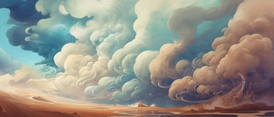 Wall Mural - Far away magical landscape of light brown desert dunes and amazing sandstorm clouds at the horizon, vast panoramic open world expanse of beautiful unspoiled nature - Generative AI