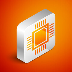 Poster - Isometric Computer processor with microcircuits CPU icon isolated on orange background. Chip or cpu with circuit board. Micro processor. Silver square button. Vector