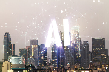 Poster - Abstract virtual artificial Intelligence symbol hologram on Los Angeles skyline background. Multiexposure