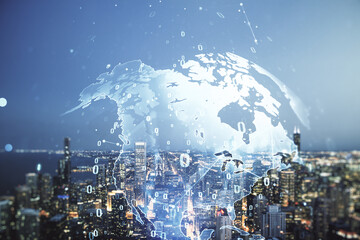 Fototapete - Double exposure of abstract programming language hologram and world map on Chicago city skyscrapers background, research and development concept