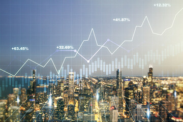 Abstract virtual financial graph hologram on Chicago skyline background, forex and investment concept. Multiexposure