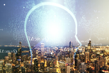 Poster - Abstract virtual artificial Intelligence concept with human head sketch on Chicago cityscape background. Double exposure