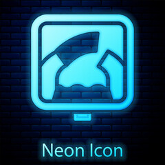 Poster - Glowing neon Drawbridge ahead icon isolated on brick wall background. Information road sign. Vector