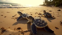Adorable Baby Turtles Slowly Crawl Across The Sandy Beach, Their Small Flippers Leaving Delicate Tracks In The Sand. Generated By AI.