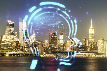 Poster - Abstract virtual artificial Intelligence concept with human head sketch on New York cityscape background. Double exposure