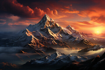 Poster - A dramatic mountain range, its peaks covered in snow and bathed in the golden light of sunrise, creating a majestic and awe-inspiring scene.  Generative AI technology.