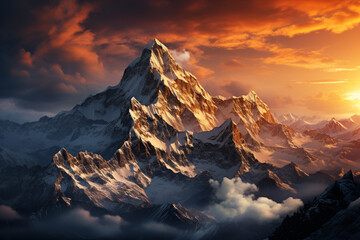 Poster - A dramatic mountain range, its peaks covered in snow and bathed in the golden light of sunrise, creating a majestic and awe-inspiring scene.  Generative AI technology.