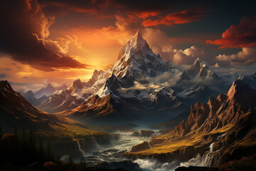 Poster - A dramatic mountain range, its peaks covered in snow and bathed in the golden light of sunrise, creating a majestic and awe-inspiring scene.  Generative AI technology.