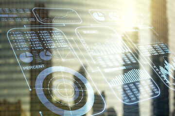 Poster - Multi exposure of abstract virtual graphic data spreadsheet sketch on modern architecture background, analytics and analysis concept