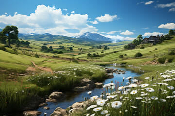 Poster - A tranquil countryside with rolling hills, dotted with colorful wildflowers and grazing livestock, under a clear blue sky.  Generative AI technology.