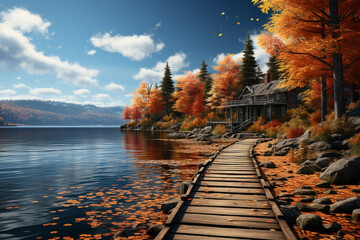 Poster - A peaceful lakeside scene, with calm waters reflecting a vibrant array of autumn colors from the surrounding trees.  Generative AI technology.