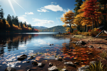 Poster - A peaceful lakeside scene, with calm waters reflecting a vibrant array of autumn colors from the surrounding trees.  Generative AI technology.