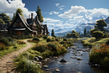 Poster - An idyllic countryside village, with charming cottages nestled amidst green meadows and surrounded by picturesque mountains.  Generative AI technology.