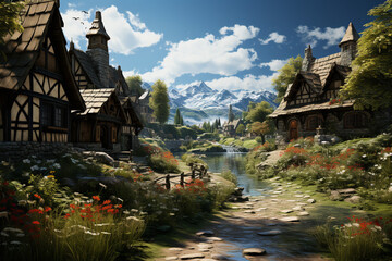 Poster - An idyllic countryside village, with charming cottages nestled amidst green meadows and surrounded by picturesque mountains.  Generative AI technology.