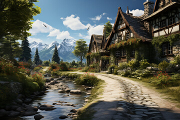 Poster - An idyllic countryside village, with charming cottages nestled amidst green meadows and surrounded by picturesque mountains.  Generative AI technology.