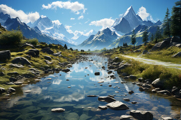 Poster - A serene lake nestled between towering mountains, with a mirror-like surface reflecting the surrounding landscape and the clear blue sky.  Generative AI technology.
