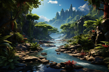 Poster - A cascading waterfall in a lush rainforest, surrounded by lush vegetation and creating a mesmerizing display of water and mist. Generative AI technology.
