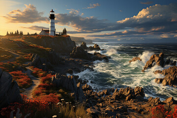 Poster - A serene coastal cliff, with waves crashing against the rocks and a distant lighthouse standing tall amidst the vastness of the ocean. Generative AI technology.