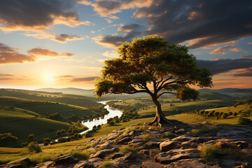 Poster - A serene countryside scene during sunset, with soft golden light bathing the fields and casting long shadows from the trees.  Generative AI technology.