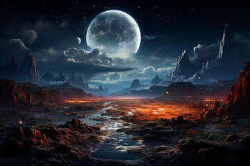 Aufkleber - An otherworldly lunar landscape, with jagged rock formations and a barren, yet captivating, terrain.  Generative AI technology.