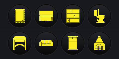 Sticker - Set Chair, Toilet bowl, Sofa, Big bed, Shelf, Grand piano, Interior fireplace and Picture icon. Vector