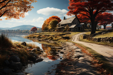 Poster - A serene countryside scene during autumn, with trees ablaze in vibrant shades of red, orange, and yellow, creating a tapestry of colors.  Generative AI technology.