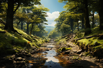 Poster - A peaceful forest glade, with sunlight filtering through the trees and casting dappled shadows on the moss-covered ground.  Generative AI technology.