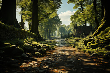 Poster - A peaceful forest glade, with sunlight filtering through the trees and casting dappled shadows on the moss-covered ground.  Generative AI technology.
