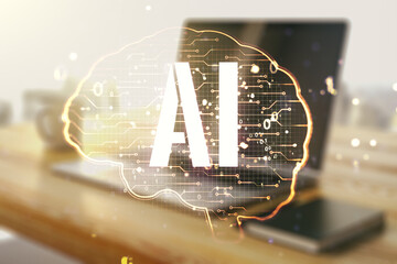 Poster - Creative artificial Intelligence concept with human brain sketch and modern desktop with pc on background. Double exposure