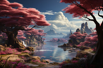 Aufkleber - A surreal and dreamlike landscape, with floating islands, colorful skies, and whimsical creatures, evoking a sense of wonder and imagination. Generative AI technology.
