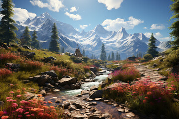 Wall Mural - A serene alpine meadow, with snow-capped mountains in the background and a carpet of colorful wildflowers in the foreground,  Generative AI technology.