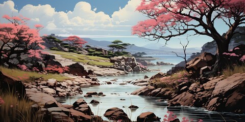 Wall Mural - AI Generated. AI Generative. Beautiful nature outdoor landscape beautiful sunset. coastline sea trees with sun moon mountain. Graphic Art