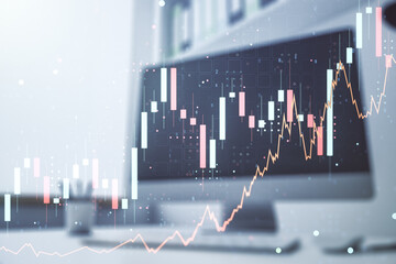 Multi exposure of abstract creative financial chart and modern desktop with laptop on background, research and analytics concept