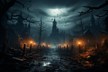 Aufkleber - A creepy cemetery at dusk, with gravestones shrouded in mist and bats flying overhead.  Generative AI technology.