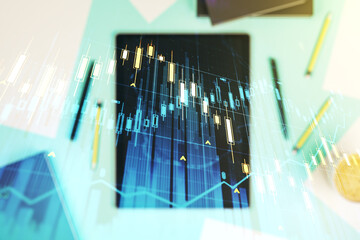 Poster - Double exposure of abstract creative financial chart and digital tablet on background, top view, research and strategy concept