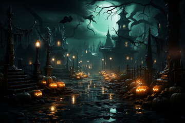 Aufkleber - A spooky graveyard scene, with tombstones, skeletons, and eerie green lights illuminating the night. Generative AI technology.