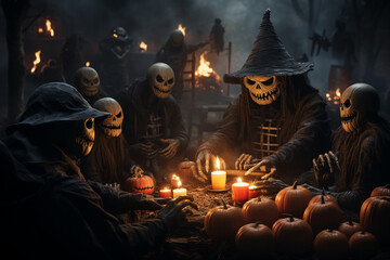 Poster - A group of friends gathered around a bonfire, telling ghost stories and enjoying Halloween treats.  Generative AI technology.
