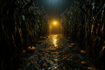 Poster - A haunted corn maze, with tall stalks, hidden scares, and visitors trying to find their way out.  Generative AI technology.