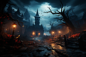 Aufkleber - A spooky graveyard scene, with a haunted tree, wisps of fog, and bats circling above. Generative AI technology.