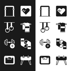 Canvas Print - Set Towel on hanger, Gymnastic rings, Sport horizontal bar, Heart rate, Dumbbell, Socks, Pommel horse and Bathroom scales icon. Vector