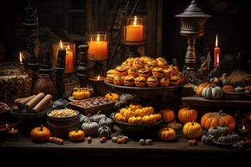 Aufkleber - Halloween-themed dessert table, filled with creepy cupcakes, ghostly cookies, and candy corn treats. Generative AI technology.