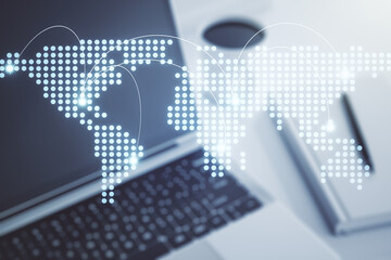 Poster - Abstract creative world map with connections on modern laptop background, international trading concept. Multiexposure