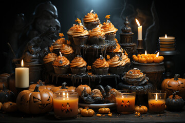 Poster - Halloween-themed dessert table, filled with creepy cupcakes, ghostly cookies, and candy corn treats. Generative AI technology.