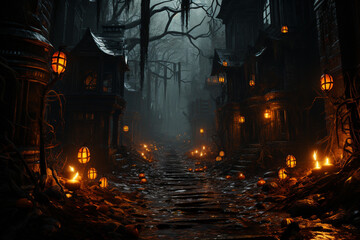 Aufkleber - A spooky haunted trail, with lanterns lighting the way and unexpected scares lurking around every corner.  Generative AI technology.