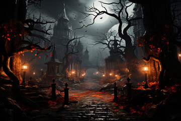 Poster - A spooky haunted trail, with lanterns lighting the way and unexpected scares lurking around every corner.  Generative AI technology.