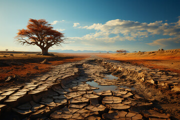 Poster - A barren landscape with dried-up rivers and cracked earth, representing the devastating effects of a global catastrophe.  Generative AI technology.