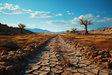 Poster - A barren landscape with dried-up rivers and cracked earth, representing the devastating effects of a global catastrophe.  Generative AI technology.