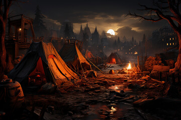 Aufkleber - A makeshift campsite in a ruined city, with tents, scavenged supplies, and a flickering fire providing the only source of warmth.  Generative AI technology.