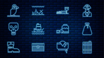 Wall Mural - Set line Wooden barrel, Pirate sack, Treasure and riches, Ship, Skull, parrot, game dice and Sunken ship icon. Vector