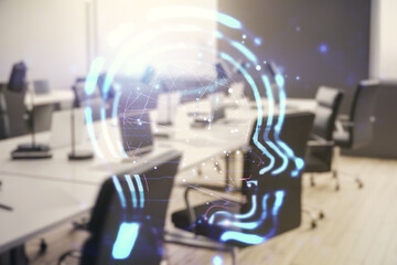 Aufkleber - Double exposure of creative human head microcircuit hologram on a modern furnished office interior background. Future technology and AI concept